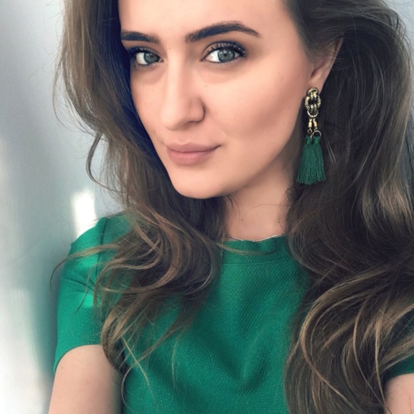 Green Boho Double Tassel Stud Statement Earrings - Picture 1 of 8